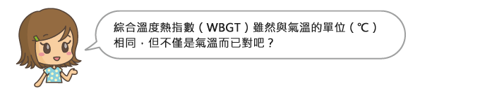 綜合溫度熱指數（WBGT）雖然與氣溫的單位（&deg;C）相同，但不僅是氣溫而已對吧？